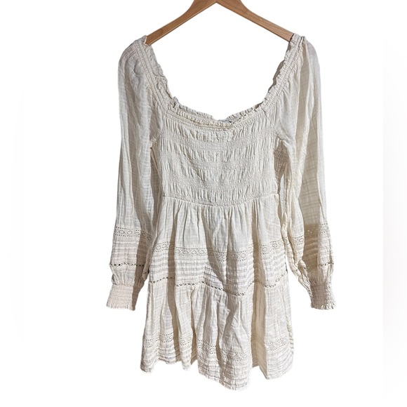 American Eagle Long Sleeve Smocked Mini Dress Boho White Cream Medium - Picture 5 of 9
